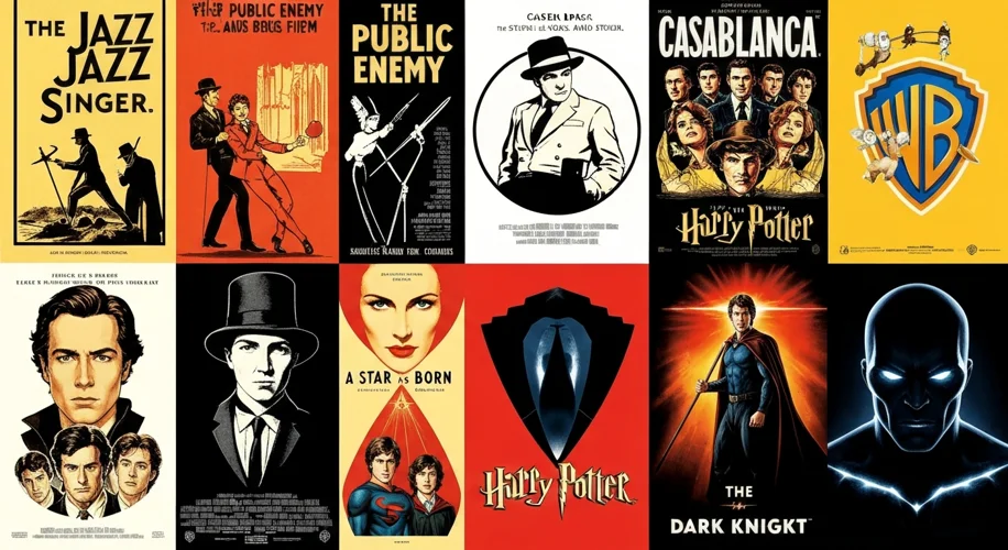 A vibrant montage showcasing iconic Warner Bros. film posters from different eras: The Jazz Singer, 
