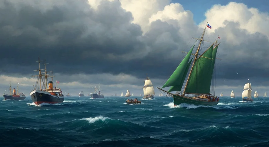 A flotilla of diverse ships sailing on a choppy blue sea under a cloudy sky, with a prominent green 