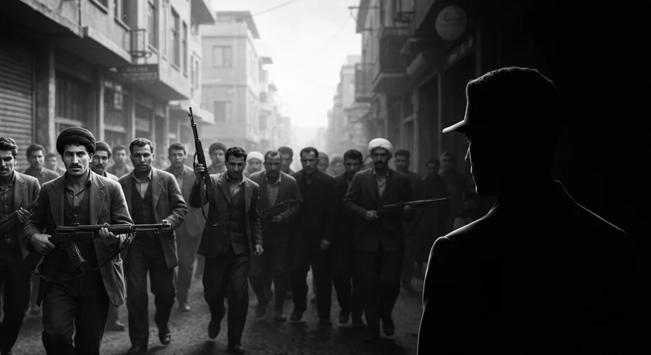 A black and white photograph depicting a tense scene in Tehran, Iran, 1953, with armed men and anxio