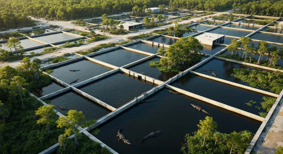 An aerial view of a sprawling, partly constructed facility in Florida, with large, interconnected wa