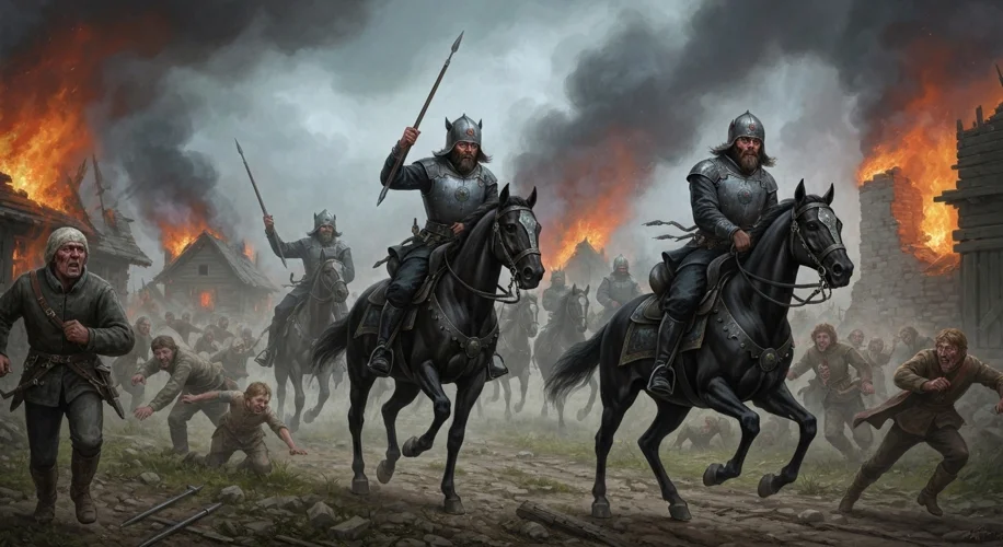 Oprichniki, dressed in black, with dog heads on their saddles, ride through a burning village, their
