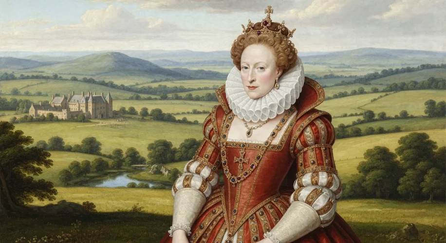 Queen Elizabeth I in her prime, wearing an elaborate gown and ruff, looking regal and determined, wi