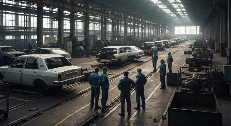 A wide shot of a largely empty factory floor at a Russian car plant in the mid-1990s, with a few par