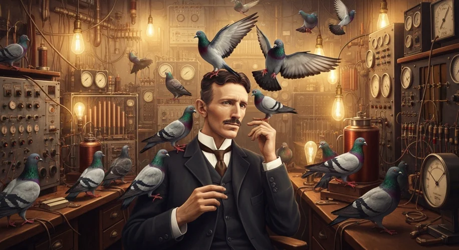 Nikola Tesla in his laboratory, surrounded by electrical equipment, with a flock of pigeons flutteri