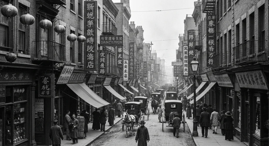 A black and white photograph from the late 19th century depicting a narrow street in New York's earl