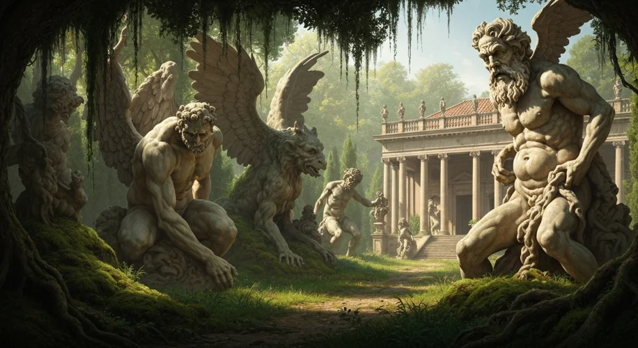 A vast, overgrown Renaissance garden with colossal, bizarre stone sculptures of mythical creatures a