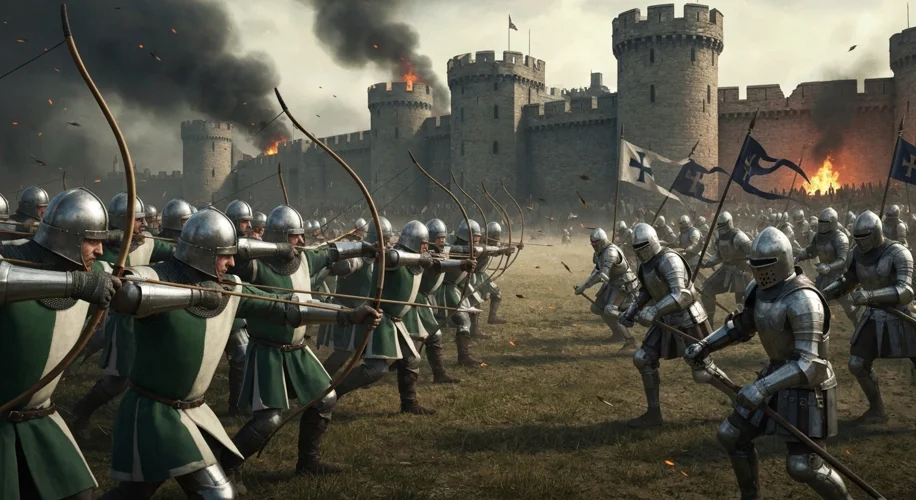 A medieval battle scene with English longbowmen unleashing a hail of arrows upon charging French kni