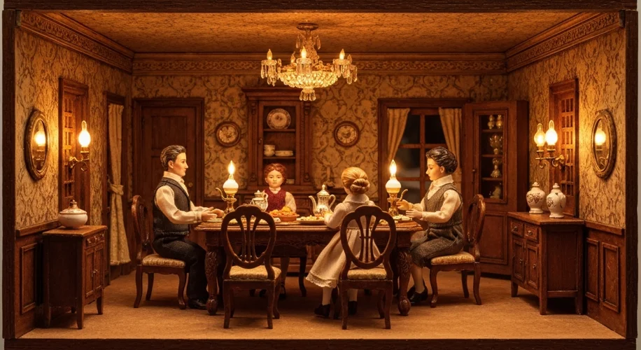 A bustling Victorian dollhouse interior with a family of dolls around a miniature dining table, elab