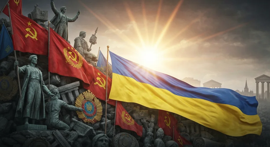 A visual representation of Ukraine's flag unfurling against a backdrop of crumbling Soviet symbols, 