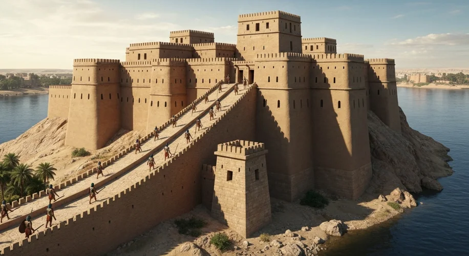An aerial view of a massive ancient Egyptian fortress, built from mudbrick and stone, situated strat
