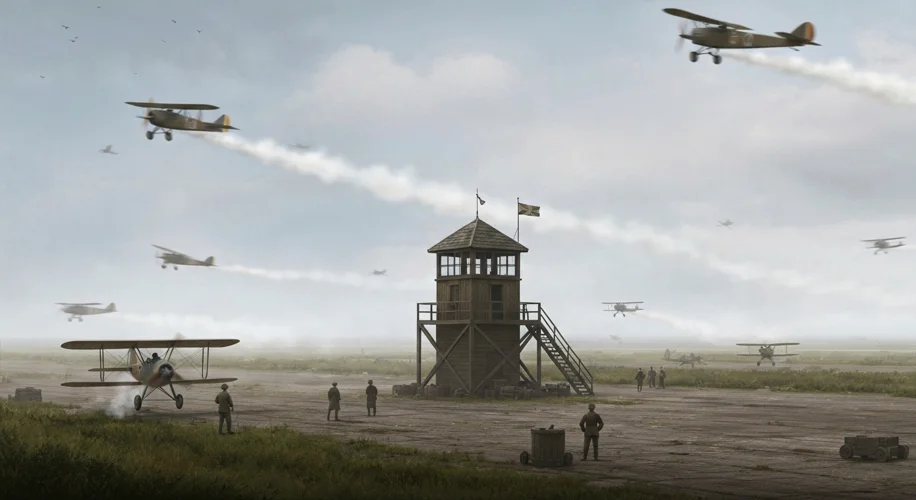 An early 20th-century airfield with biplanes taking off and landing, a few figures in uniform standi