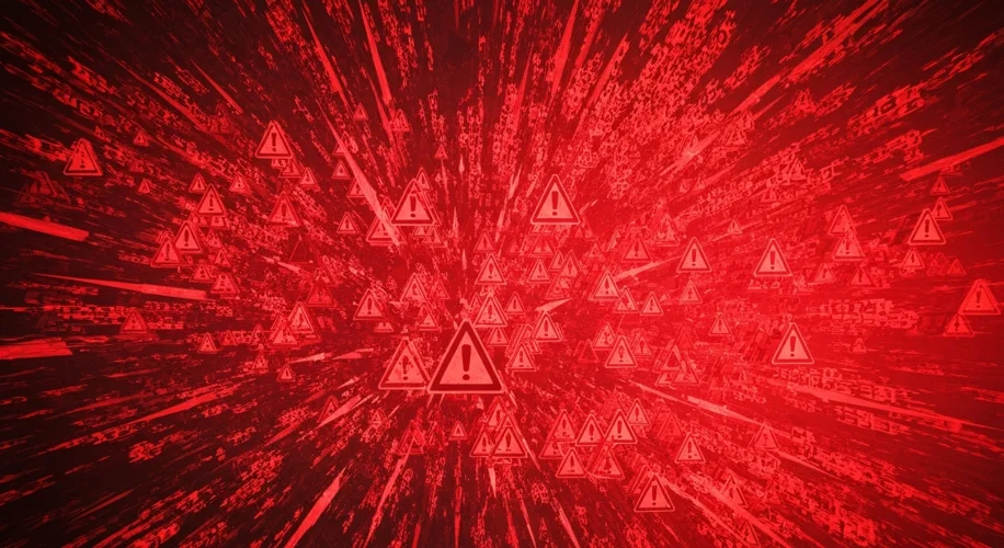 A stylized image showing a digital network with red warning symbols, representing compromised data a
