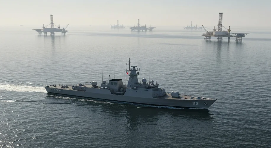 A modern Iranian naval vessel patrolling the Caspian Sea, with oil rigs visible in the distance.