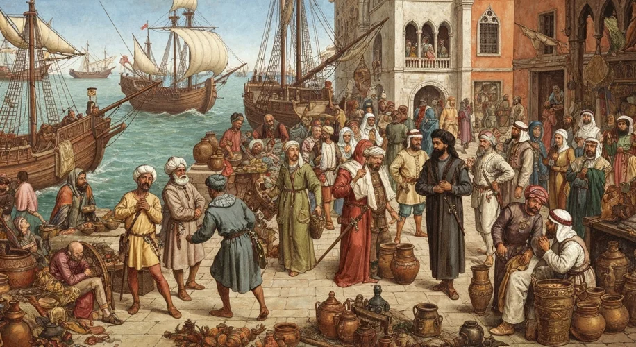 A bustling medieval port city, possibly Venice or Genoa, filled with ships and merchants trading exo