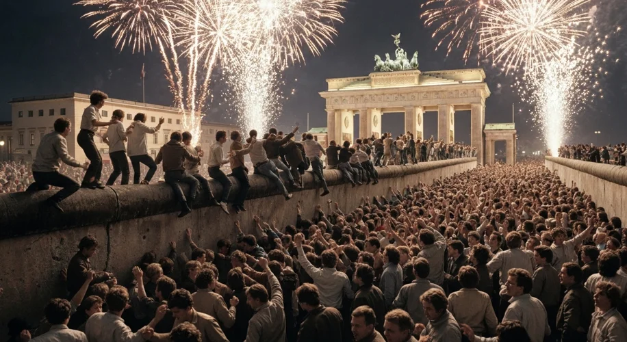 A jubilant crowd of East and West Berliners celebrating atop the Berlin Wall on the night of Novembe