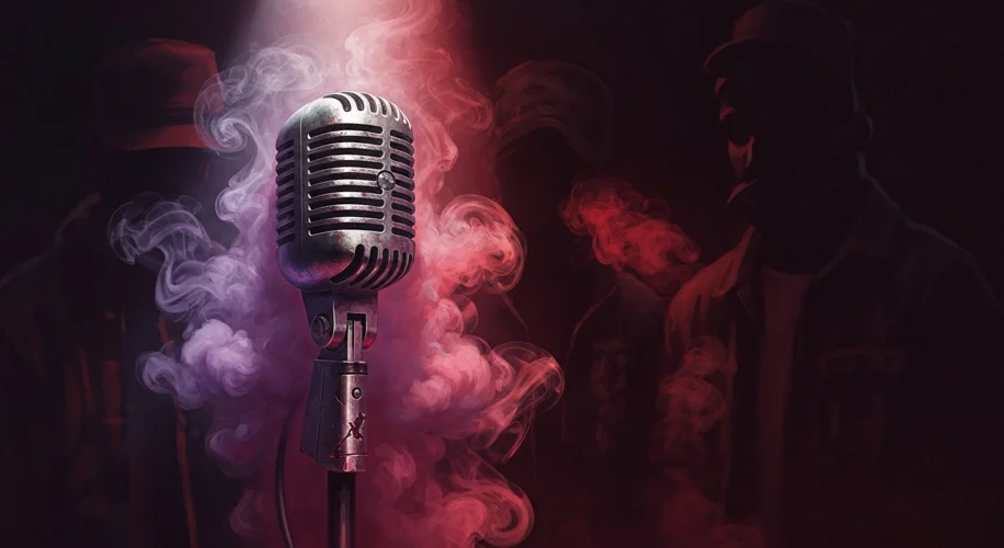 A gritty, stylized depiction of a vintage microphone on a stand, surrounded by swirling smoke and sh