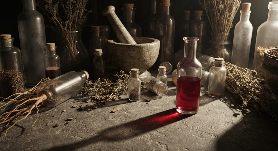 A close-up of a medieval apothecary's table, cluttered with glass vials, dried herbs, and mortar and