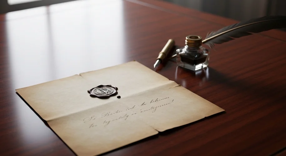 A vintage letter, sealed with wax, lying open on a mahogany desk, with a quill pen and inkwell nearb
