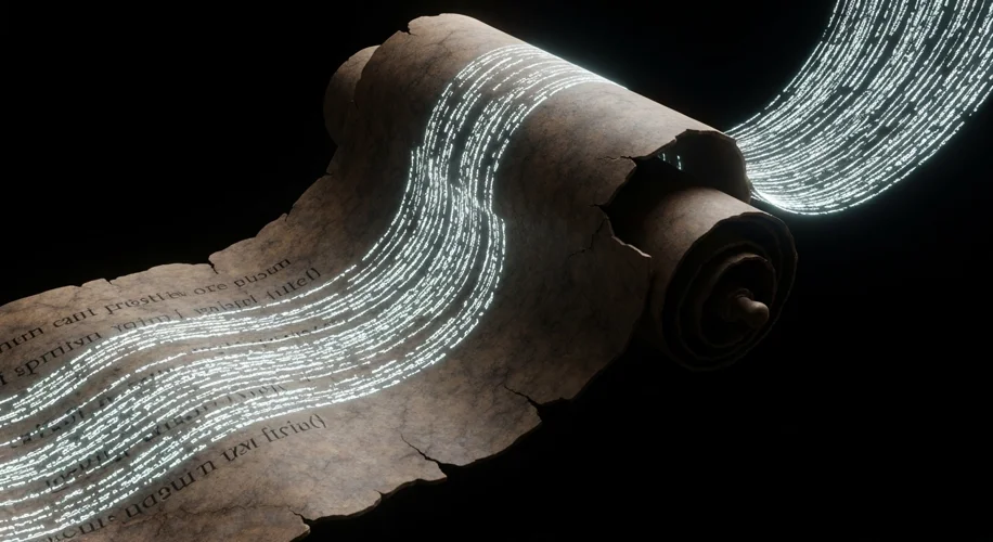 An illustration of a digital representation of a fragile, carbonized ancient Roman scroll being virt