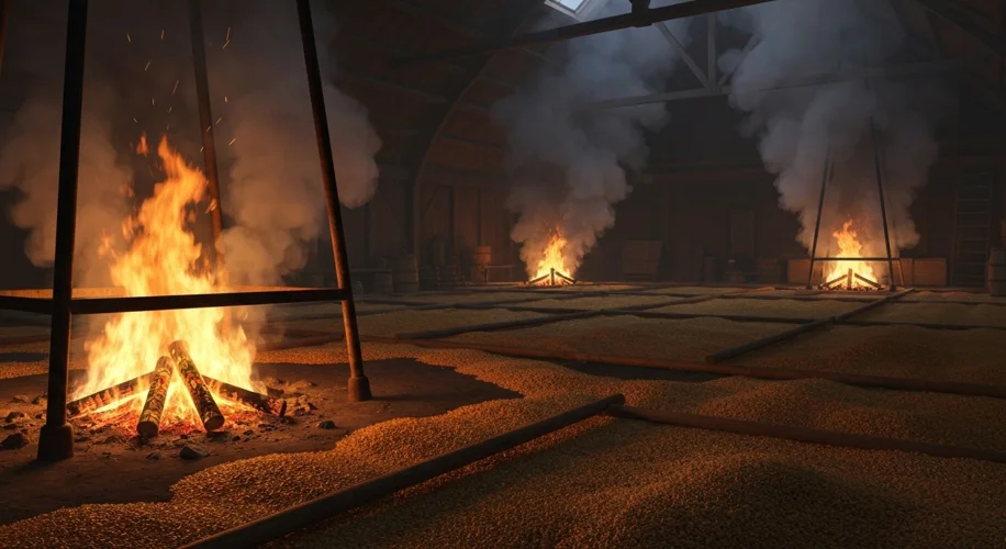 An illustration of a medieval brewhouse with a roaring fire under a drying floor of barley, with smo