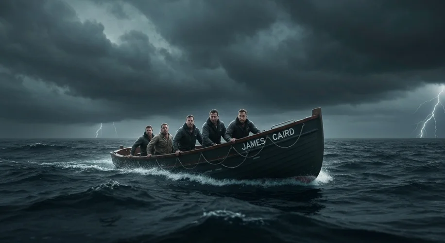A small, battered lifeboat, the James Caird, being tossed by massive waves under a stormy Antarctic 