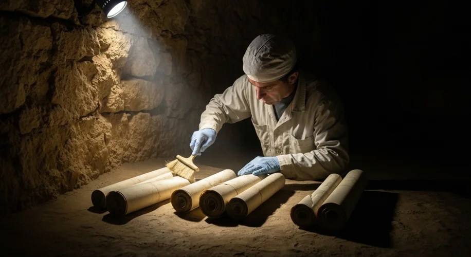 An archaeologist carefully brushing dirt away from ancient scrolls in a dimly lit cave.