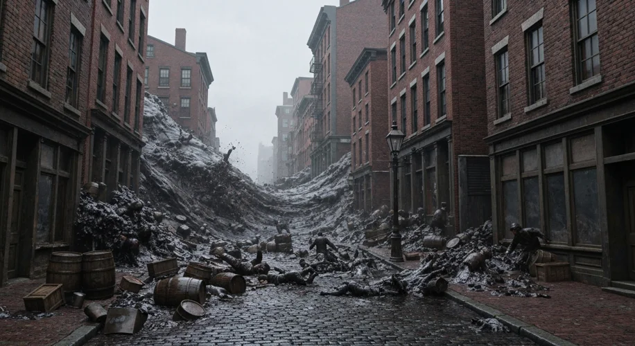 A dramatic scene of a massive, dark wave of molasses engulfing buildings and people in Boston's Nort