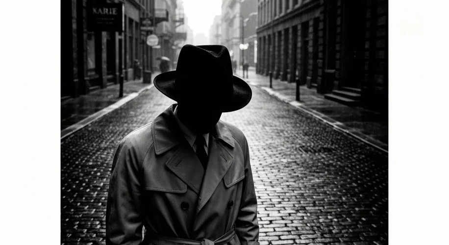 A black and white photograph from the 1940s, showing a man in a trench coat and fedora walking down 