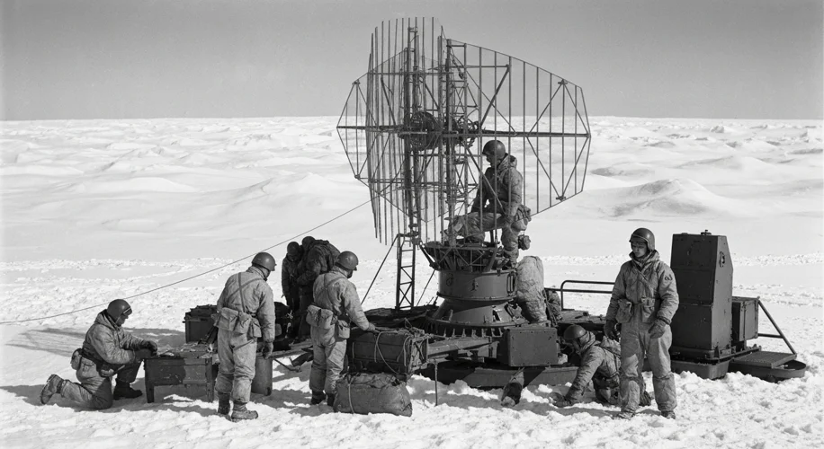 A vintage black and white photograph of a US military presence in Greenland during WWII, with soldie