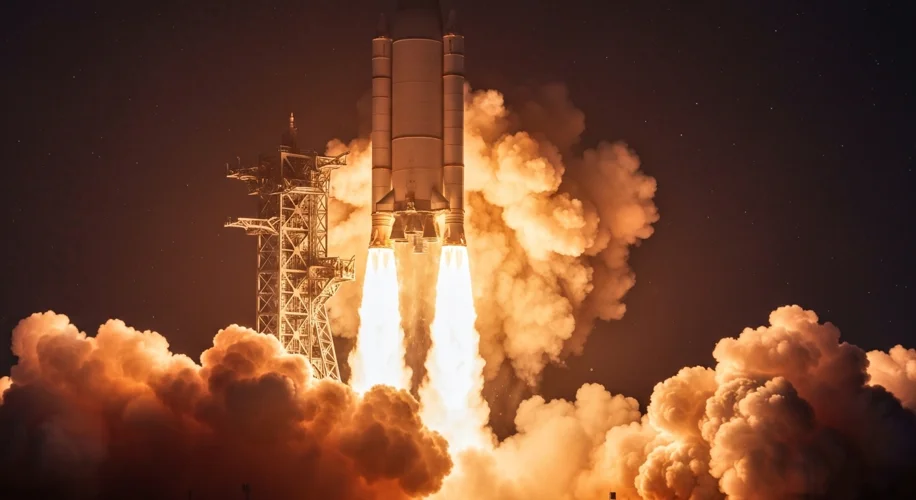 A dramatic, slightly blurry image captures the immense power of a rocket launch, with fiery exhaust 