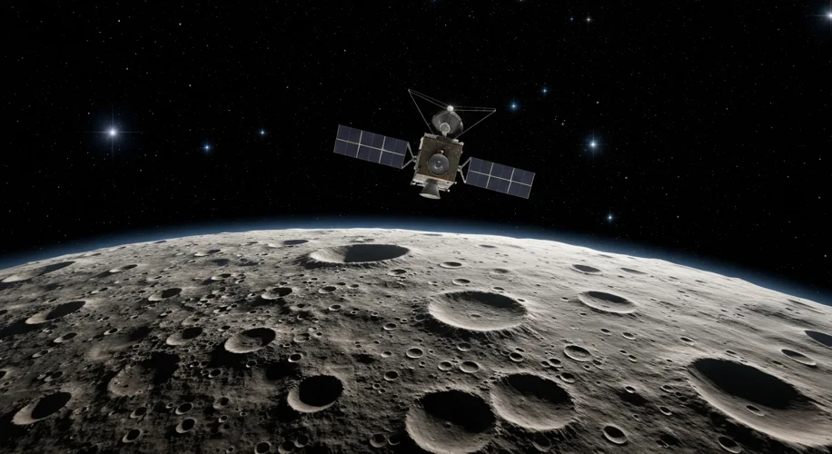 An artist's rendition of the OSIRIS-REx spacecraft approaching the rugged, cratered surface of the a