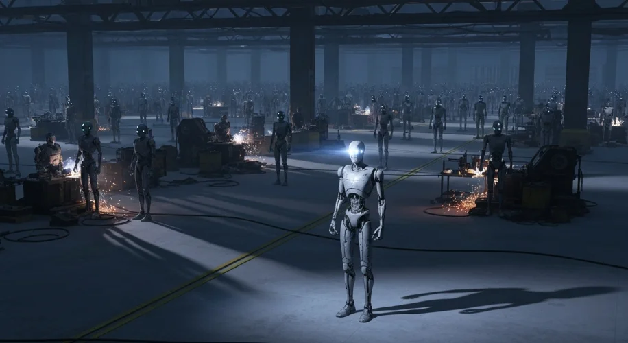 A dimly lit factory floor with rows of identical, humanoid robots standing motionless, casting long 