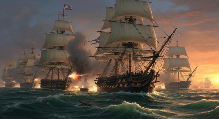 A dramatic painting of the Royal Navy's HMS Victory engaged in a fierce naval battle, with smoke bil