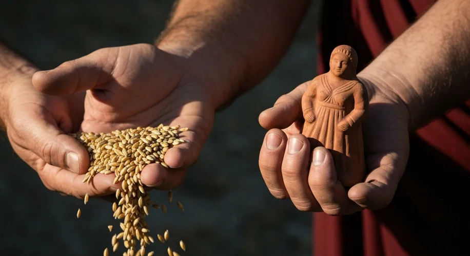 A close-up on a Roman citizen's hand receiving a dole of grain, with the other hand clutching a smal