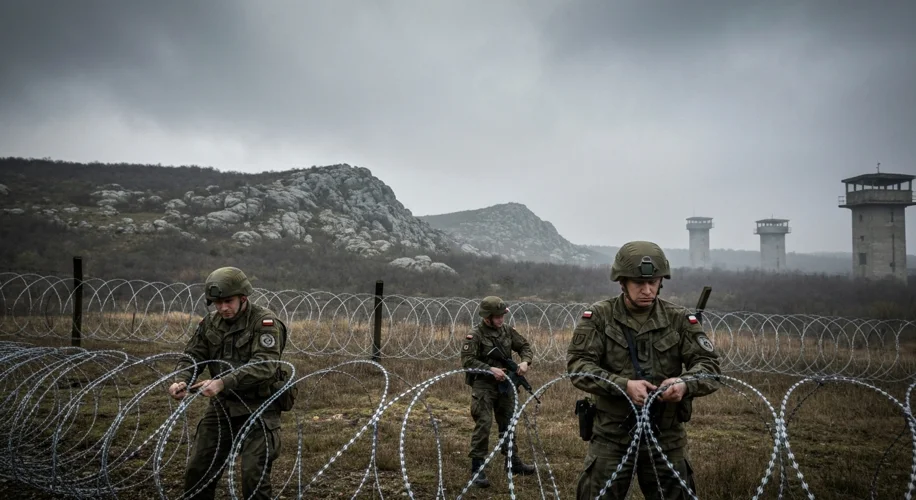 A stark, modern image of Polish soldiers reinforcing a border fence with barbed wire, a watchful gaz