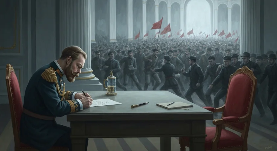 A tense meeting in the Winter Palace, with Tsar Nicholas II looking weary and surrounded by advisors