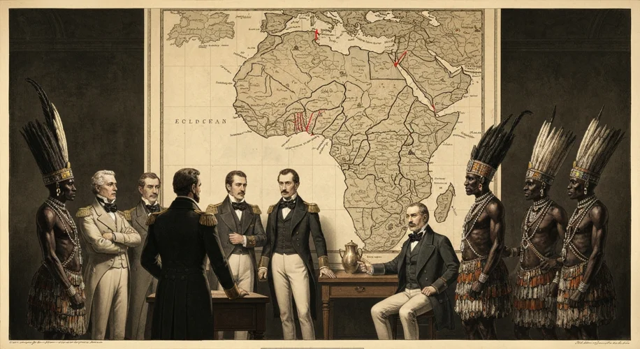 A dramatic 19th-century illustration depicting European explorers and colonial administrators meetin