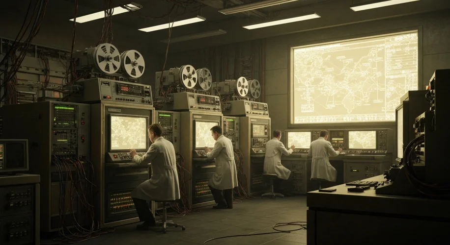 A vintage 1950s computer room with large, clunky machines and reel-to-reel tapes, scientists in lab 