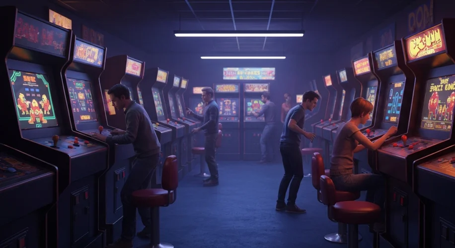 A dimly lit 1980s arcade filled with people playing classic video games like Pac-Man, Space Invaders