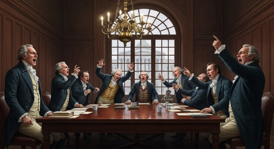 A dramatic illustration of South Carolina delegates debating the Nullification Ordinance, with inten