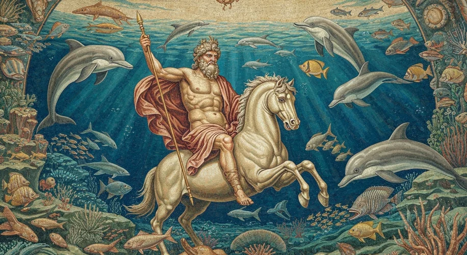 A Roman mosaic depicting the god Neptune riding a sea horse, surrounded by various sea creatures lik