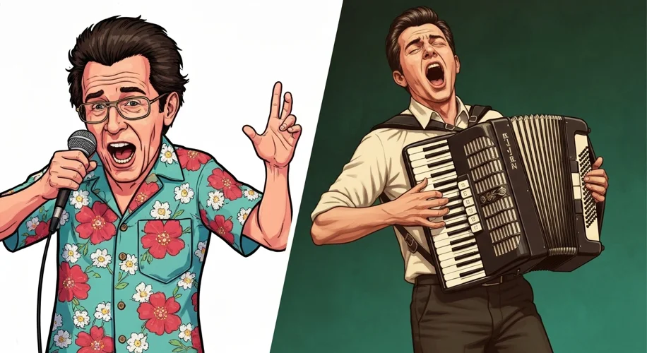 A split image. On the left, a stylized, modern illustration of "Weird Al" Yankovic in his signature 