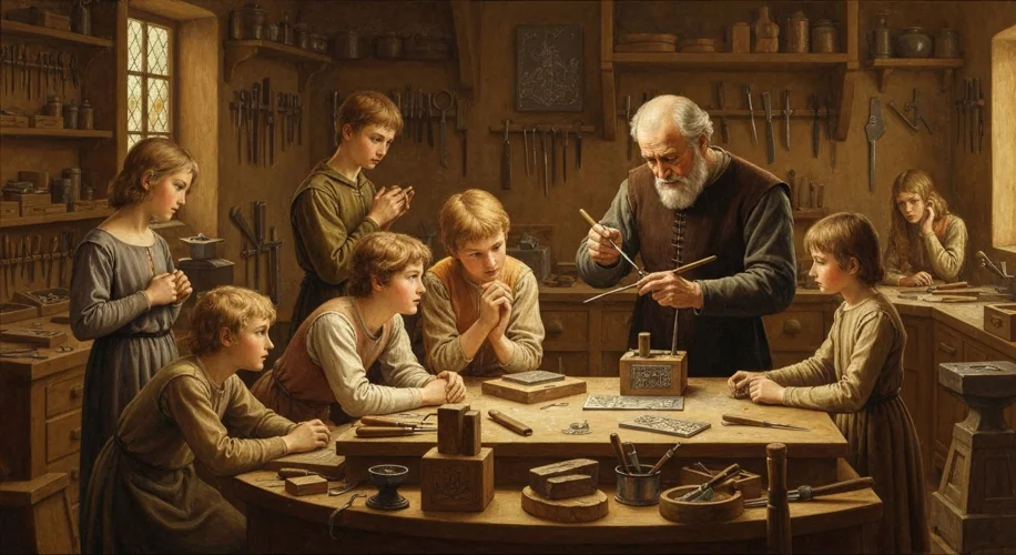 A medieval master artist, perhaps a goldsmith, instructing a group of apprentices in a well-lit work