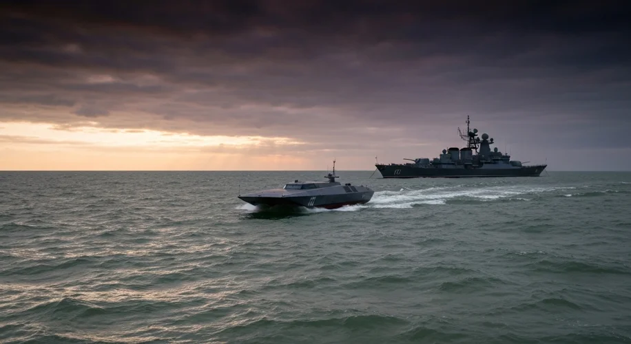 A Ukrainian naval drone, a sleek, low-profile vessel with an explosive payload, speeding towards a R