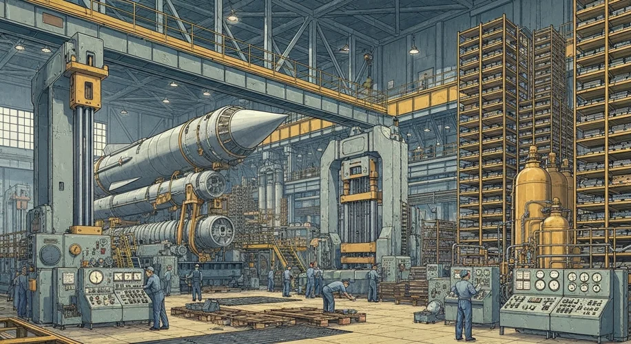 A vintage Soviet-era illustration depicting the intricate assembly of a powerful rocket, with diagra