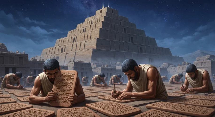 A depiction of Sumerian scribes meticulously carving cuneiform script onto clay tablets in a grand M