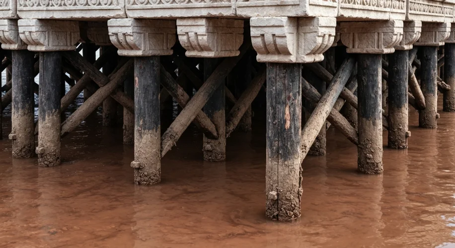 A close-up illustration of wooden stilts being driven into the muddy bottom of a lagoon, supporting 