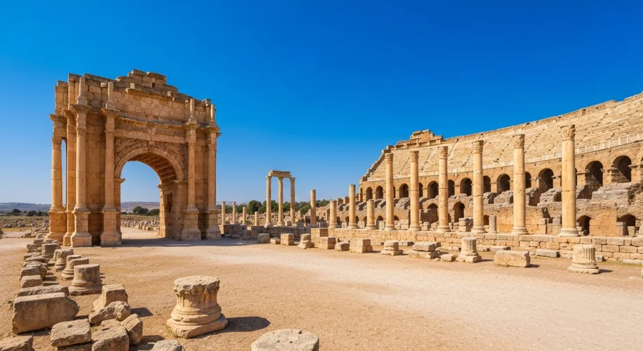 A wide-angle view of the ruins of Leptis Magna, Libya, showcasing the grand amphitheater, the Severa