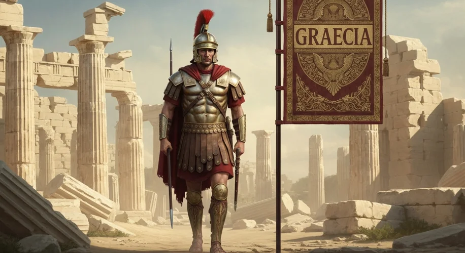 A Roman legionary marching through ancient Greek ruins, with the word "Graecia" inscribed on a banne