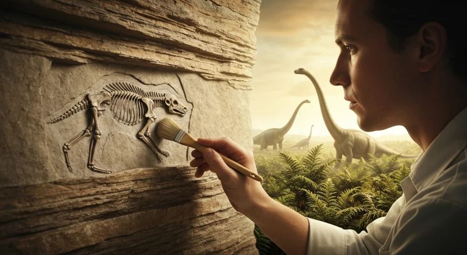 A paleontologist carefully brushes dirt away from a small, ancient mammal fossil embedded in rock, w